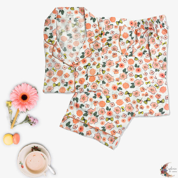 Peachy Floral  – Soft florals and cozy feels —perfect for lazy mornings.