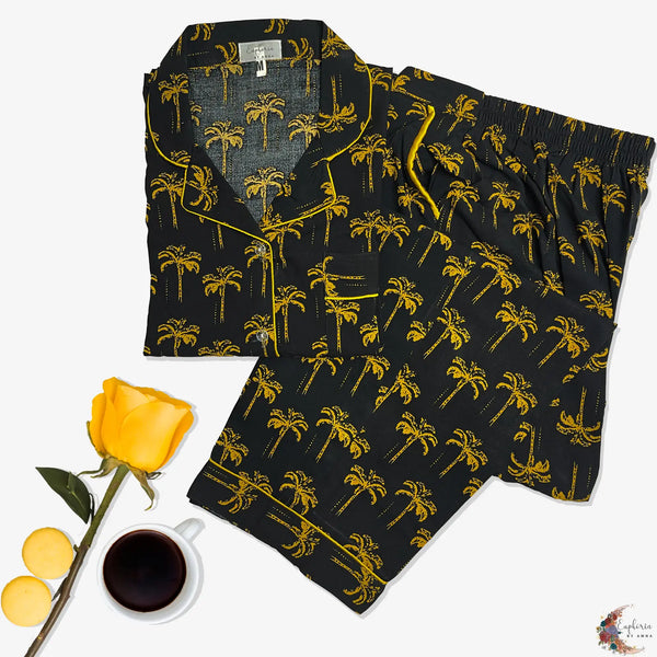 Tropical Nights – “Golden palms and midnight  vibes—your getaway in pajama form.