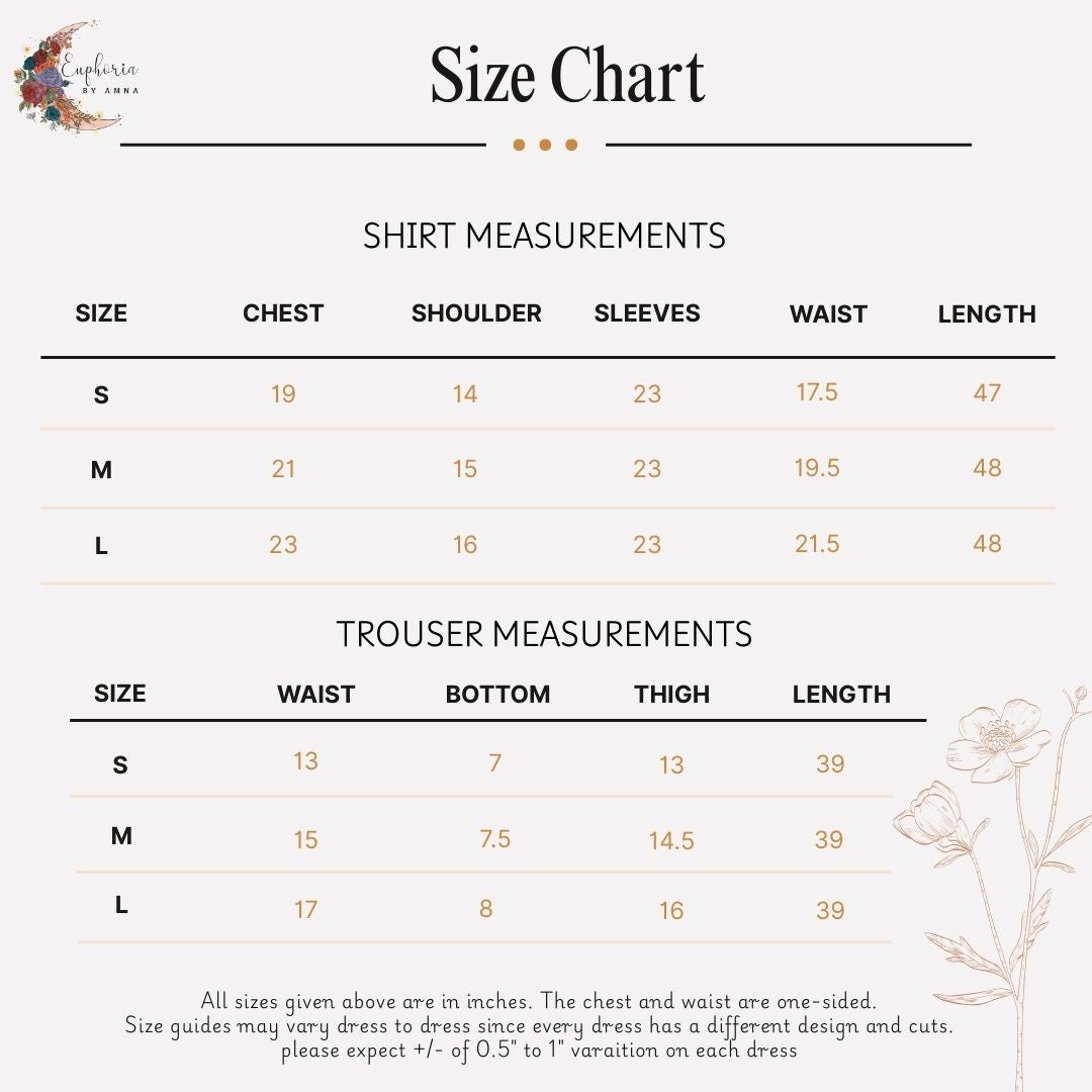 Size chart for Rang-e-Sukoon